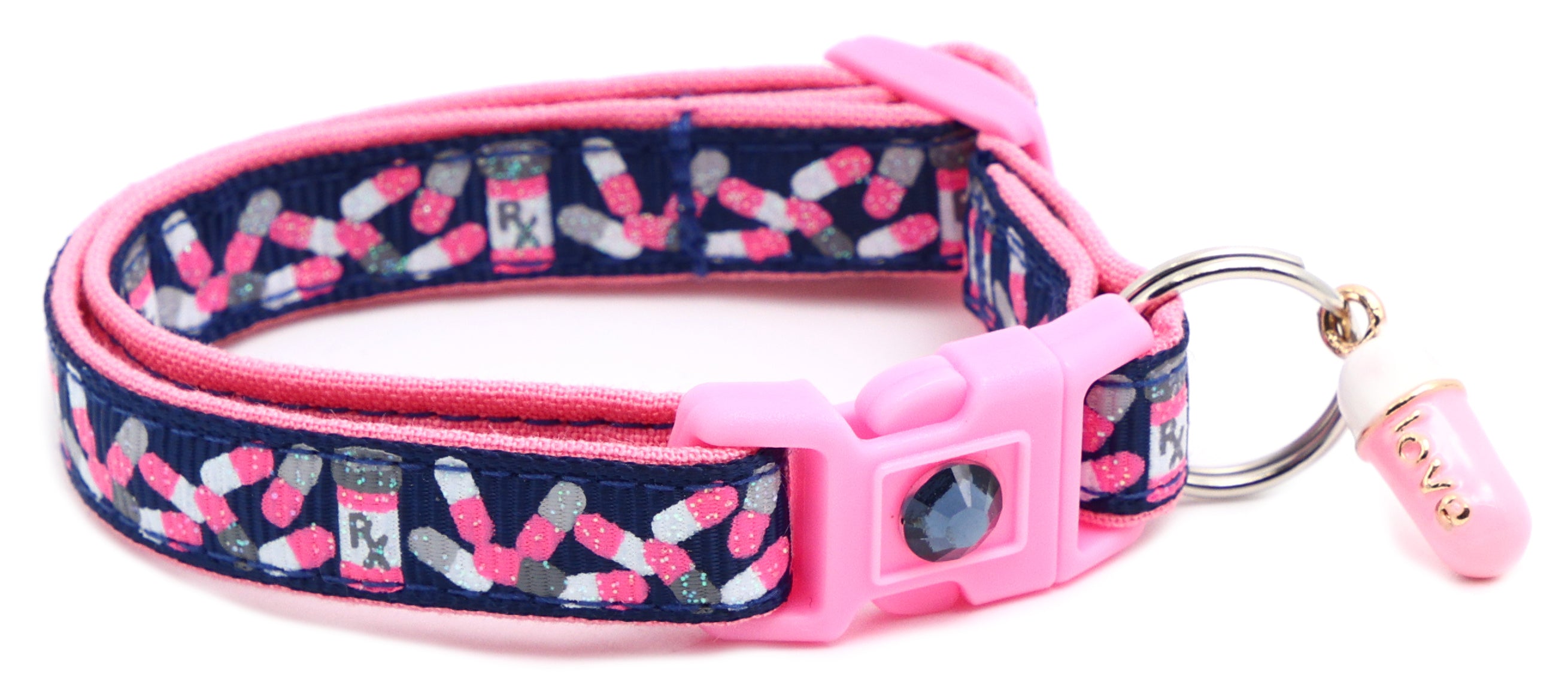 Handmade Pills Breakaway Cat Collar in reinforced cotton with adjustable sizes and breakaway clip for safety.